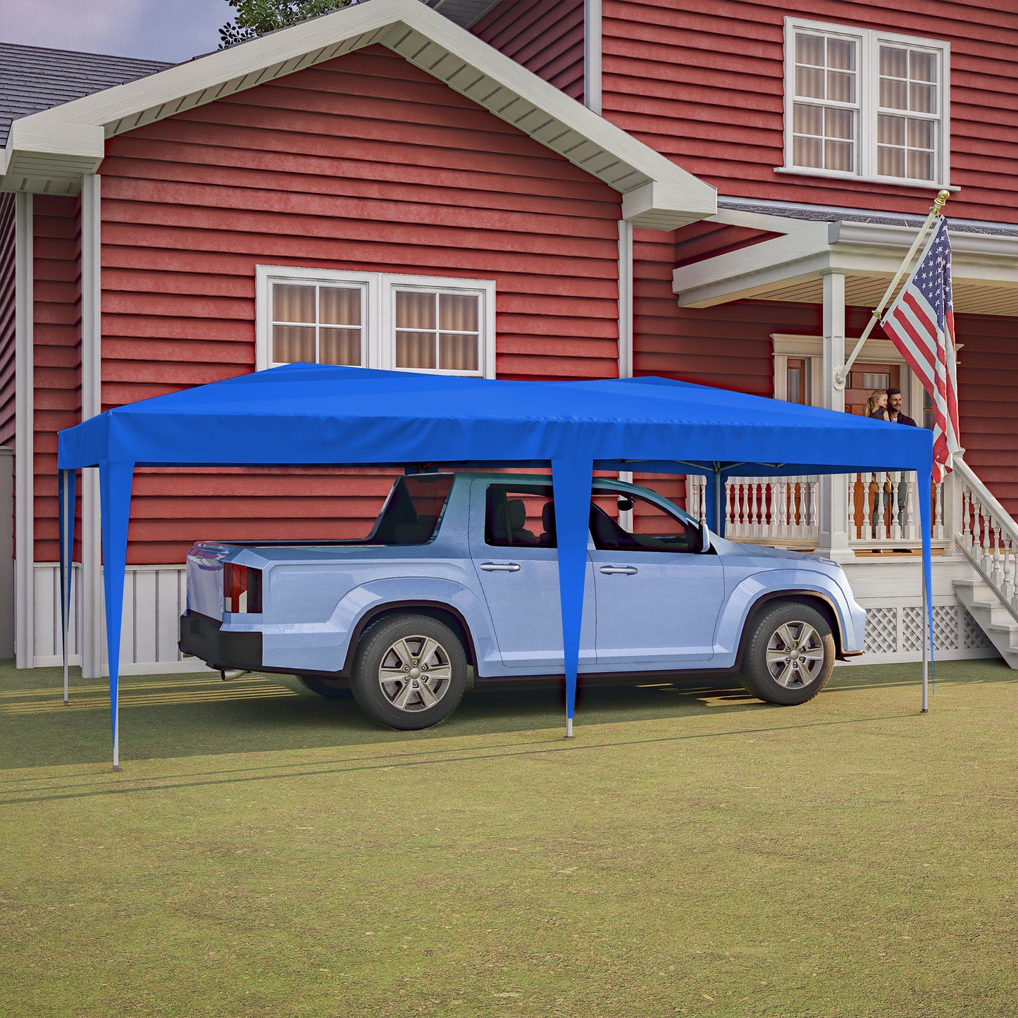 10x20 Blue Pop Up Canopy Tent with 6 Sidewalls Waterproof Commercial Outdoor Shelter Adjustable Height Carry Bag Sand Bags Ropes and Stakes