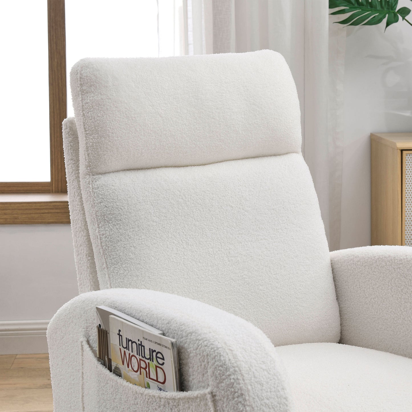 Modern Accent High Backrest Lounge Arm Rocking Chair with Two Side Pockets Teddy White Ivory