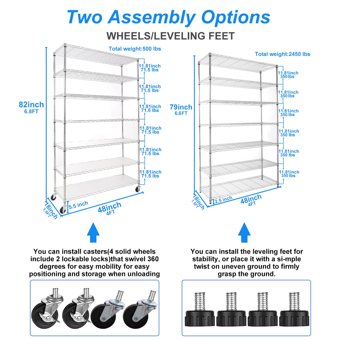 7 Tier Heavy Duty Wire Shelving Unit 2450 LBS Capacity Height Adjustable Metal Storage Shelves with Wheels for Garage and Kitchen