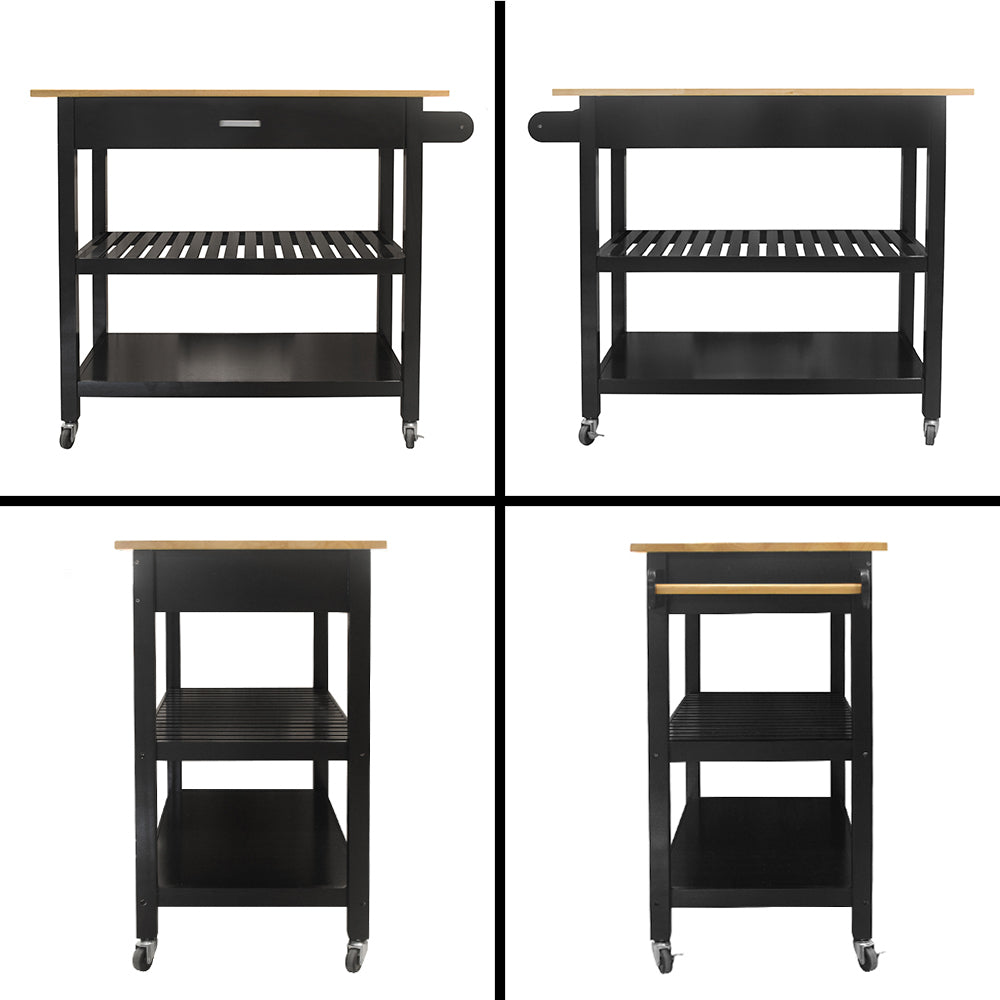 Mobile Kitchen Island Cart with Lockable Wheels Rubber Wood Top Black Design Perfect for Entertaining