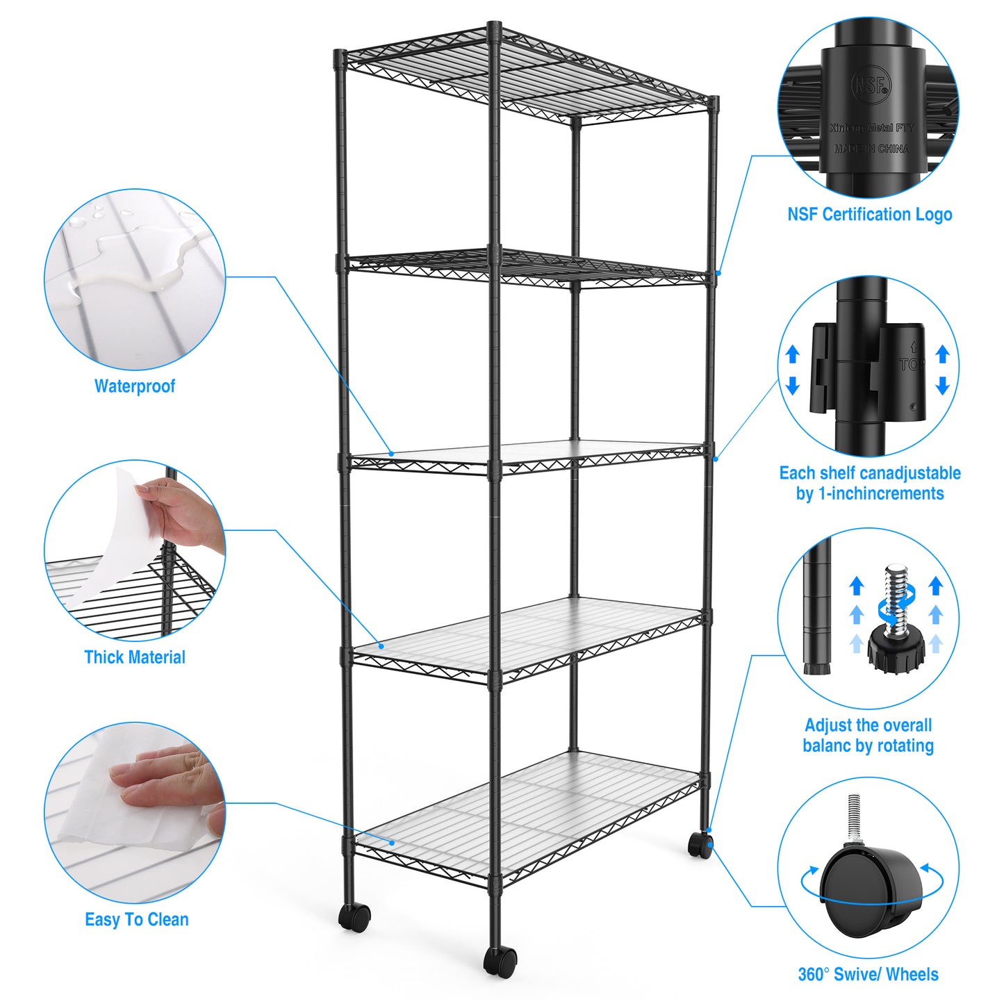 5 Tier Heavy Duty Wire Shelving Unit Adjustable Storage Shelves for Garage Kitchen Office Commercial Use Black