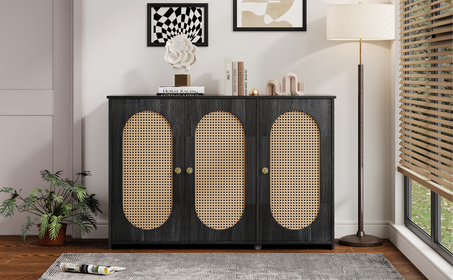 Retro 3-Door Accent Cabinet with Rattan Doors and Metal Handles for Living Room and Hallway Antique Black