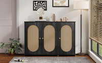 Retro 3-Door Accent Cabinet with Rattan Doors and Metal Handles for Living Room and Hallway Antique Black