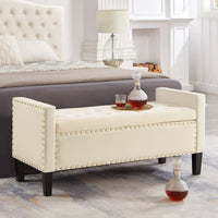 Upholstered Tufted Button Storage Bench with Nail Trim Soft Padded Seat Armrest Entryway Living Room Cream Bed Bench