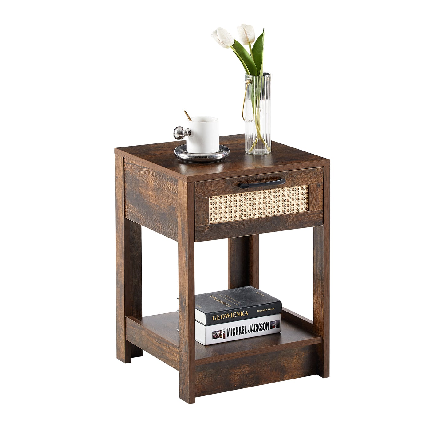 15.75" Rattan End table with  drawer, Modern nightstand, side table for living room, bedroom,Rustic Brown