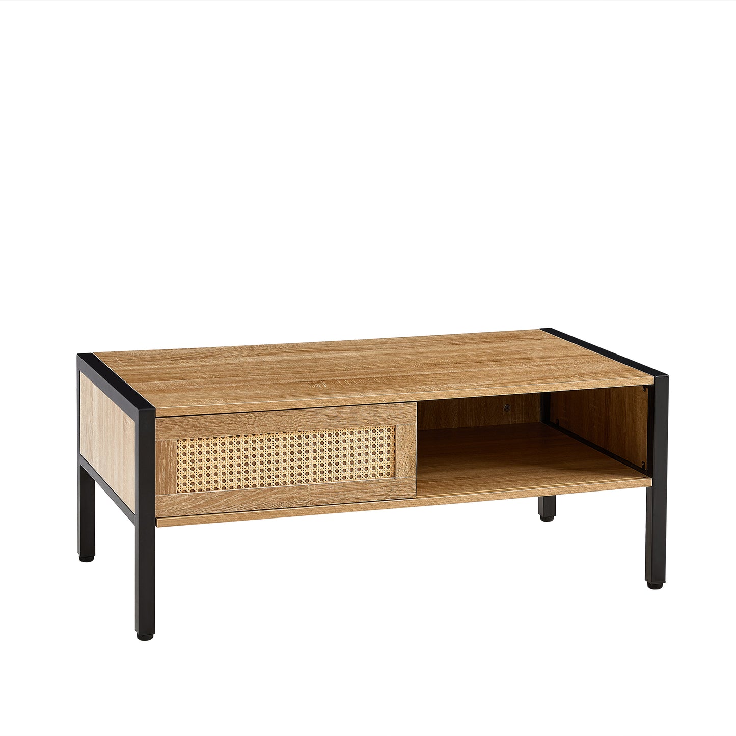 40.16 Inch Rattan Coffee Table with Sliding Door Storage and Metal Legs Modern Living Room Furniture Natural Design