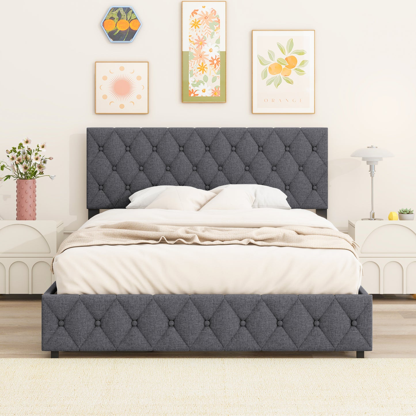 Full Size Upholstered Platform Bed Frame with Adjustable Headboard and 4 Storage Drawers Grey