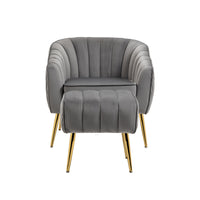 Modern Velvet Accent Chair and Ottoman Set Tufted Barrel Design for Living Room Bedroom Grey with Golden Finish