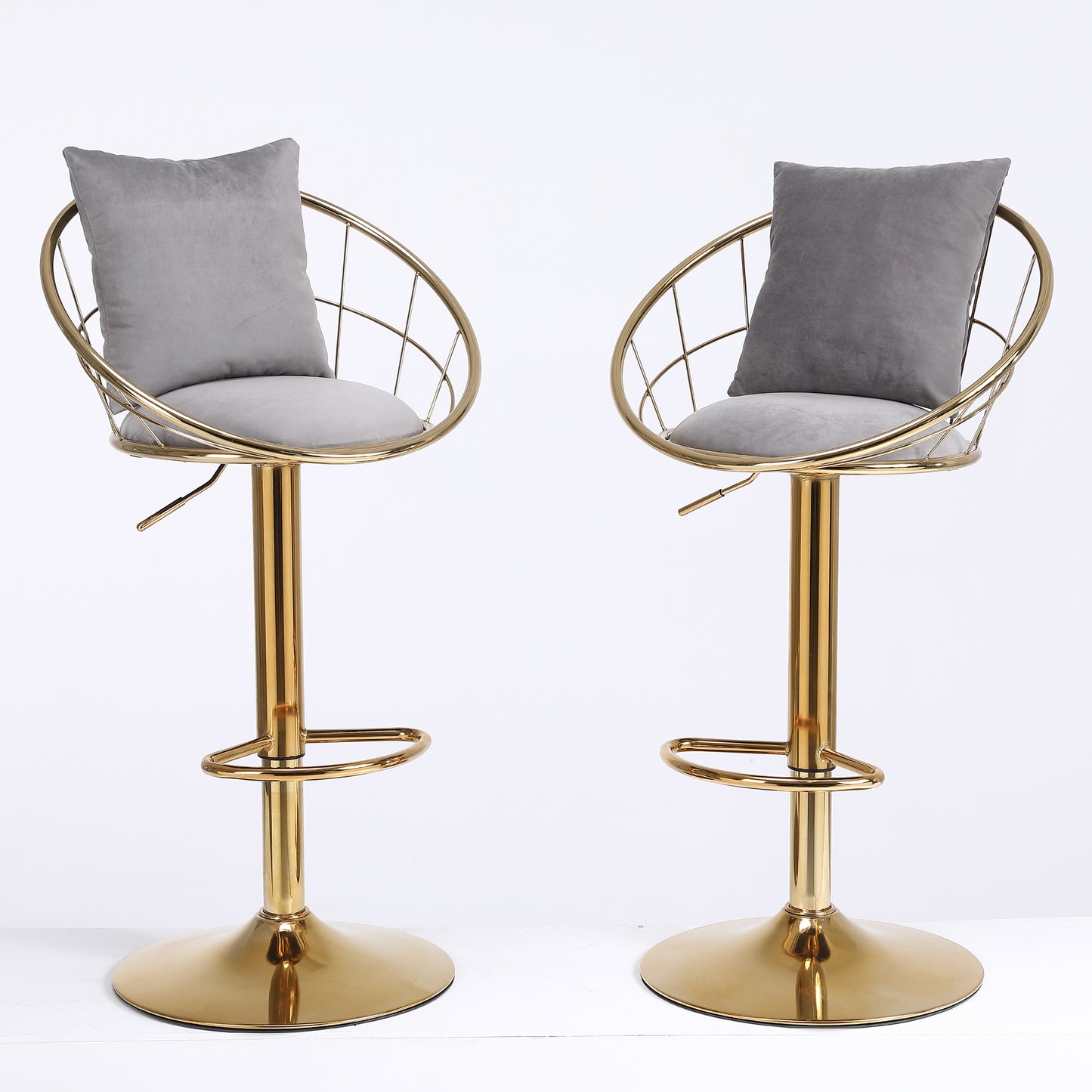 Grey Velvet Bar Chairs Set of 2 Gold Plated Unique Design 360 Degree Rotation Adjustable Height Dining Room and Bar