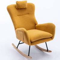 35.5 inch Rocking Chair with Pocket, Soft Teddy Fabric Rocking Chair for Nursery, Comfy Wingback Glider Rocker with Safe Solid Wood Base for Living Room Bedroom Balcony (TURMERIC)