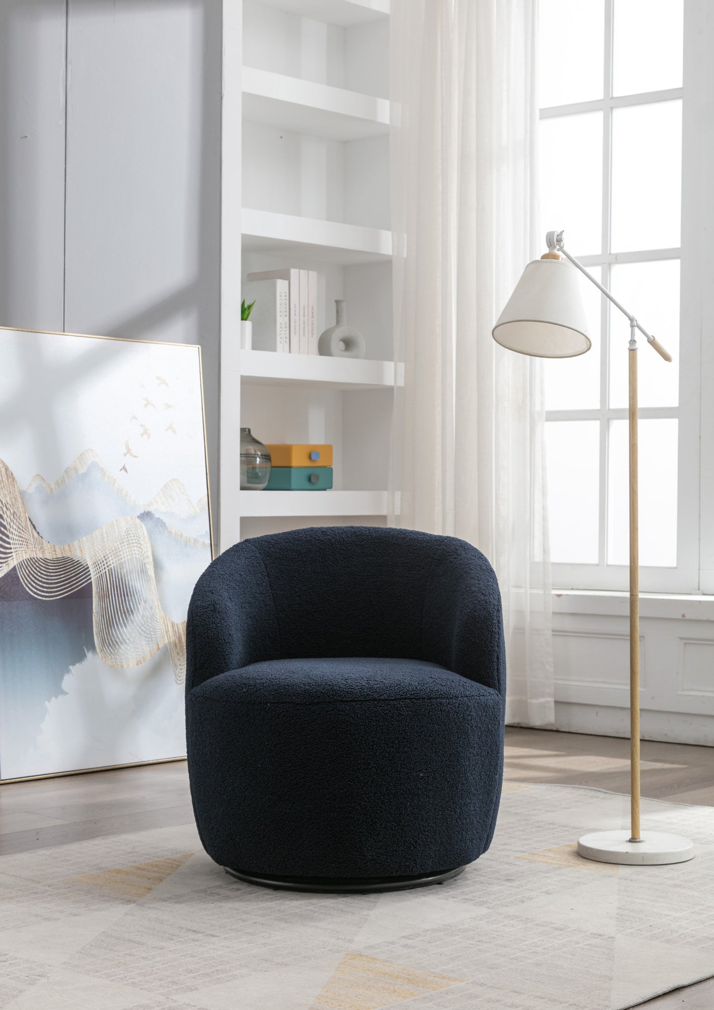 Teddy Fabric Swivel Accent Armchair Barrel Chair Dark Blue with Black Powder Coating Metal Ring