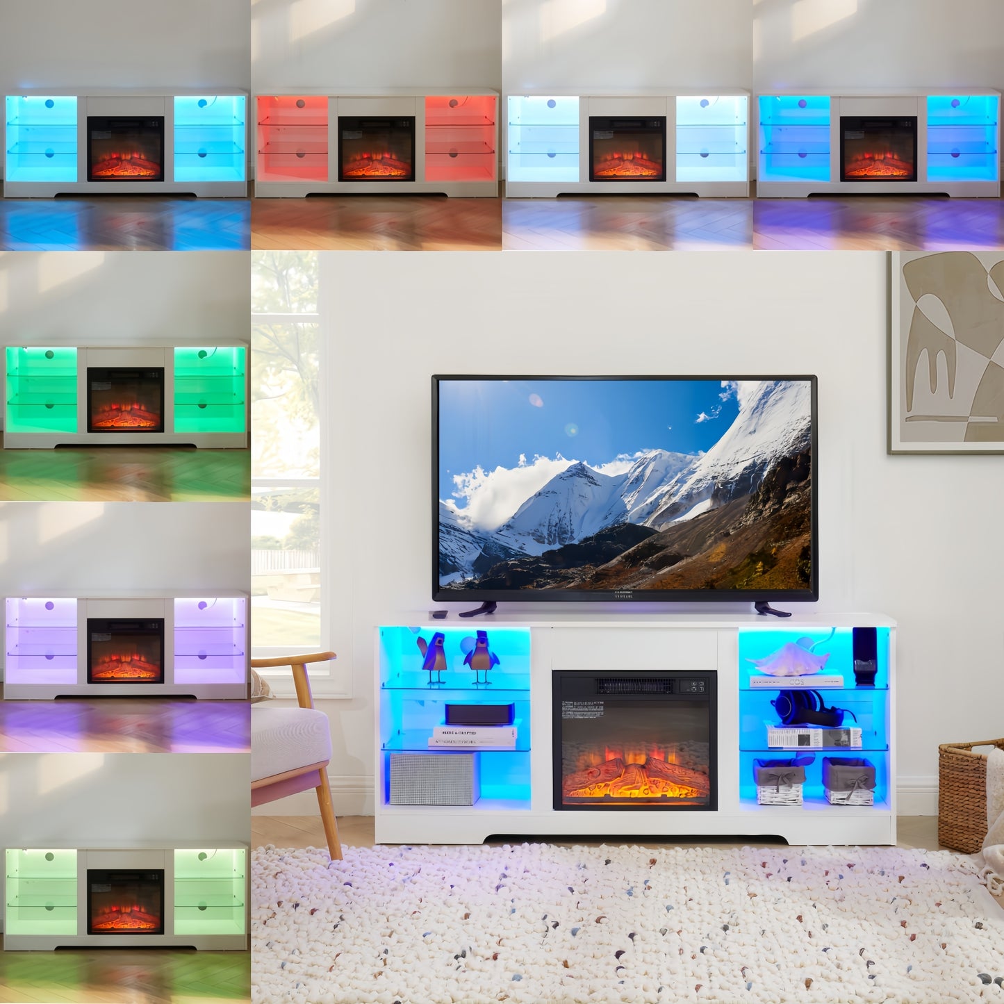 2-IN-1 Electric Fireplace TV Stand Multifunctional Indoor Decoration With Adjustable Flame, LED Lights, And Storage Space