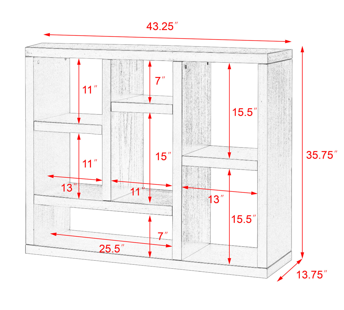 Open Wooden Shelf Bookcase Freestanding Display Storage Cabinet with 7 Cube Spaces for Living Room Entryway Storage