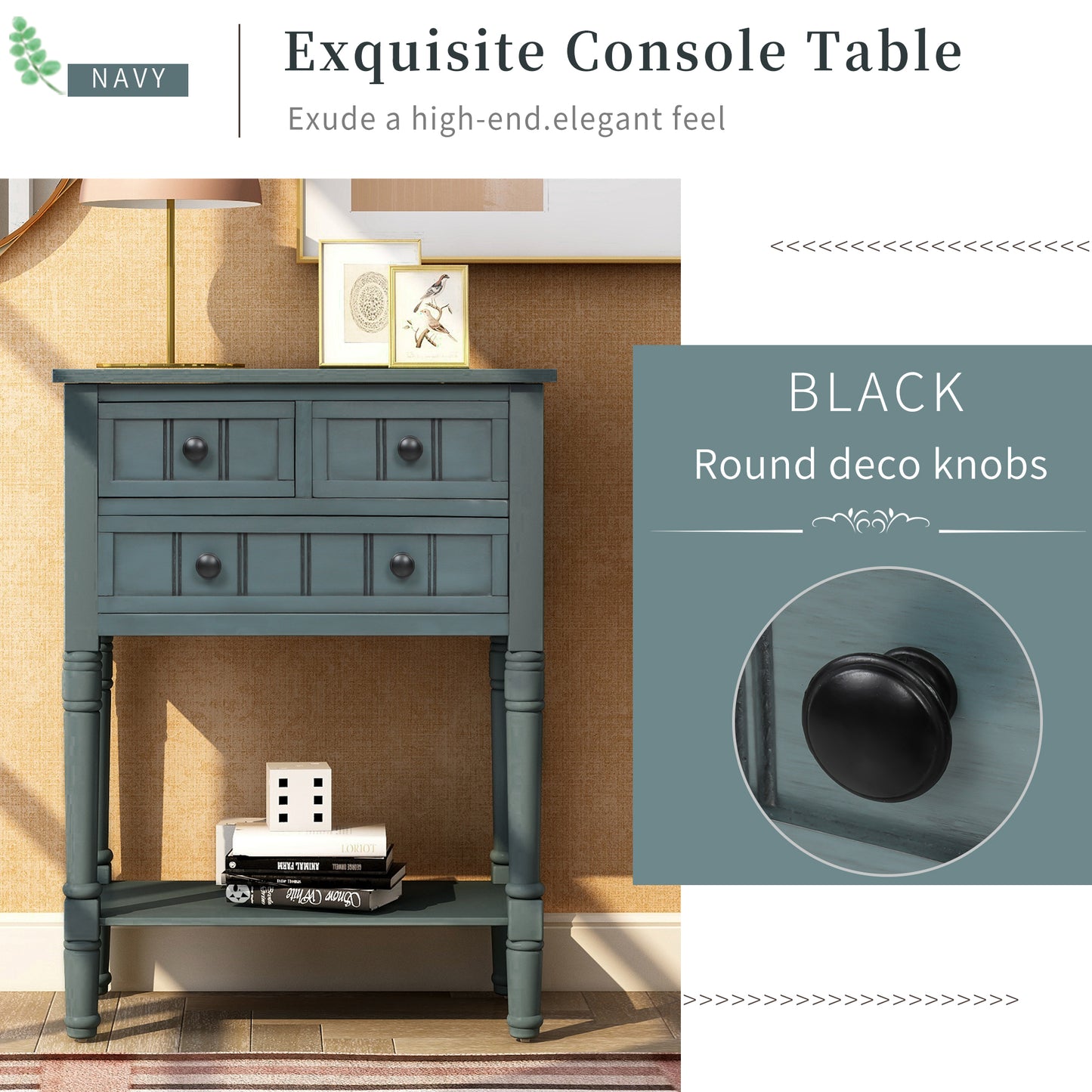 Narrow Console Table with Three Storage Drawers and Bottom Shelf for Living Room Easy Assembly Navy