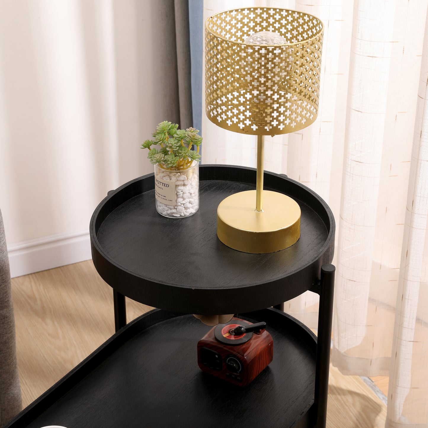 2-Tier Black Side Table with Storage for Living Room Metal Frame Wooden End Table Sofa Table