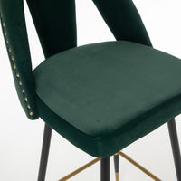 Modern Velvet Upholstered Bar Stool Set of 2 with Nailheads and Gold Tipped Black Metal Legs Green