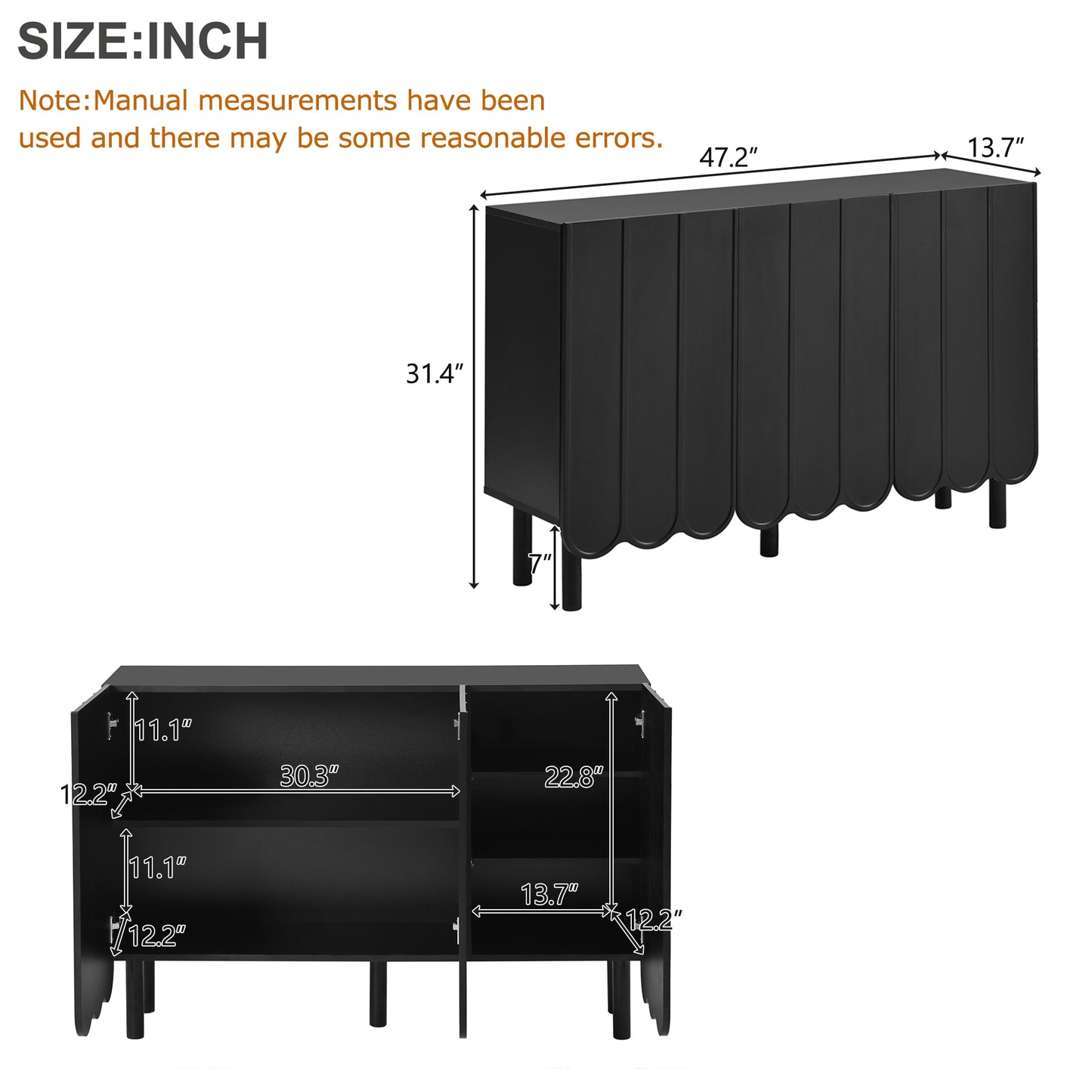 Cream Minimalist Shoe Cabinet with 5 Solid Wood Legs Adjustable Shelves Wave Door Design for Living Room Storage Black