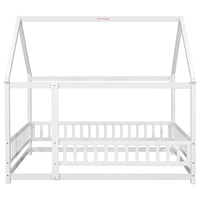 Wooden Full Size Bed With House Roof Frame And Fence Guardrails In Grey