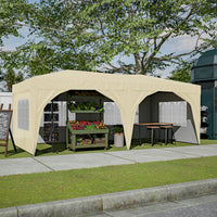 10x20 Beige Pop Up Canopy Tent with 6 Sidewalls Waterproof Commercial Outdoor Shelter Adjustable Heights Carry Bag Sand Bags, Ropes,Stakes