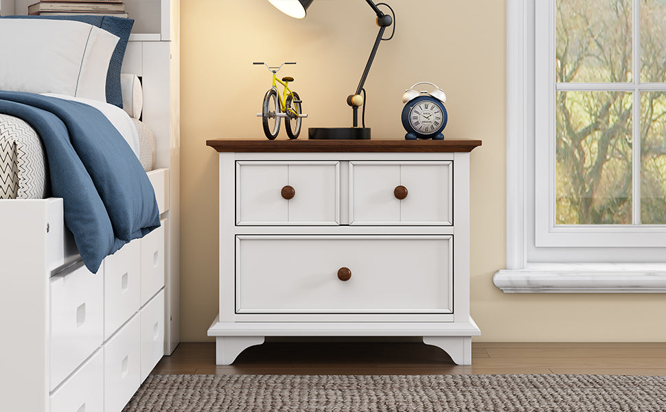 Wooden Two-Drawer Nightstand for Kids Bedroom Living Room End Table White Walnut Finish