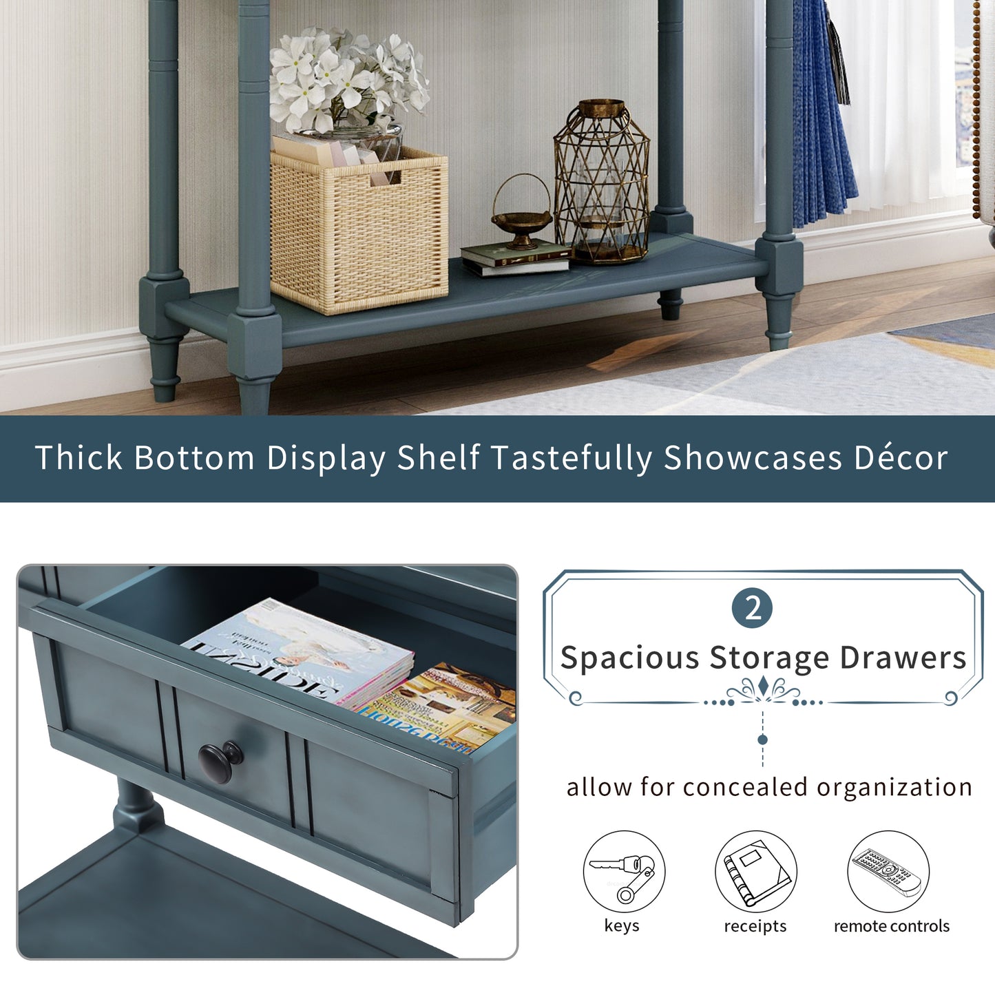 Traditional Console Table with Two Drawers and Bottom Shelf in Navy Finish
