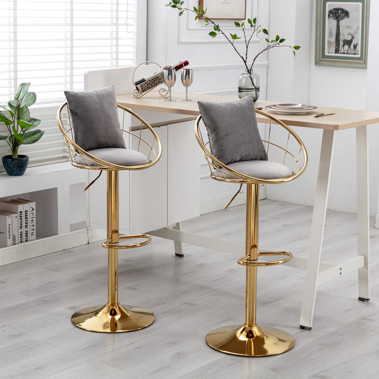 Grey Velvet Bar Chairs Set of 2 Gold Plated Unique Design 360 Degree Rotation Adjustable Height Dining Room and Bar