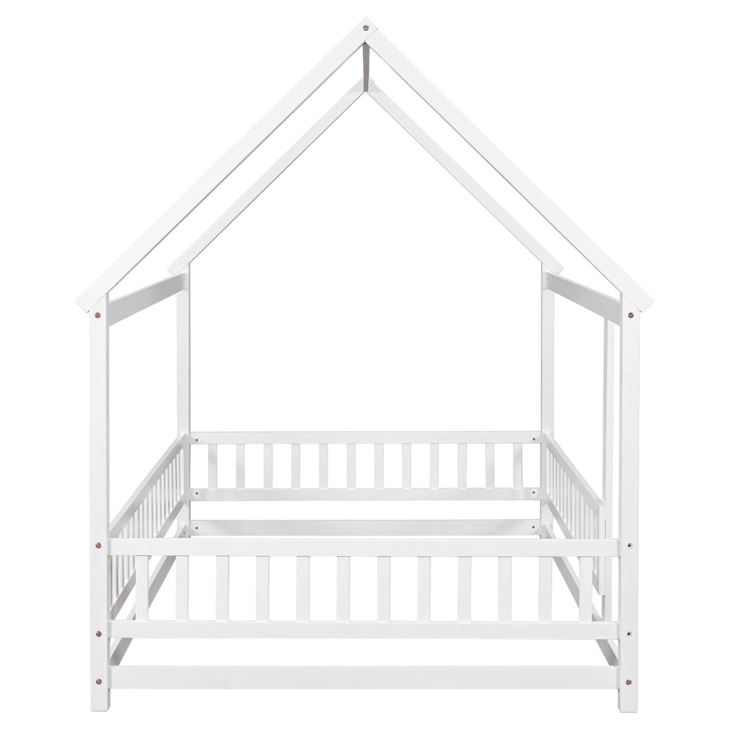 Wooden Full Size Bed With House Roof Frame And Fence Guardrails In Grey