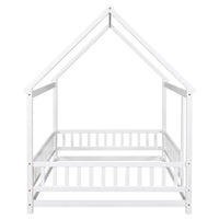 Wooden Full Size Bed With House Roof Frame And Fence Guardrails In Grey