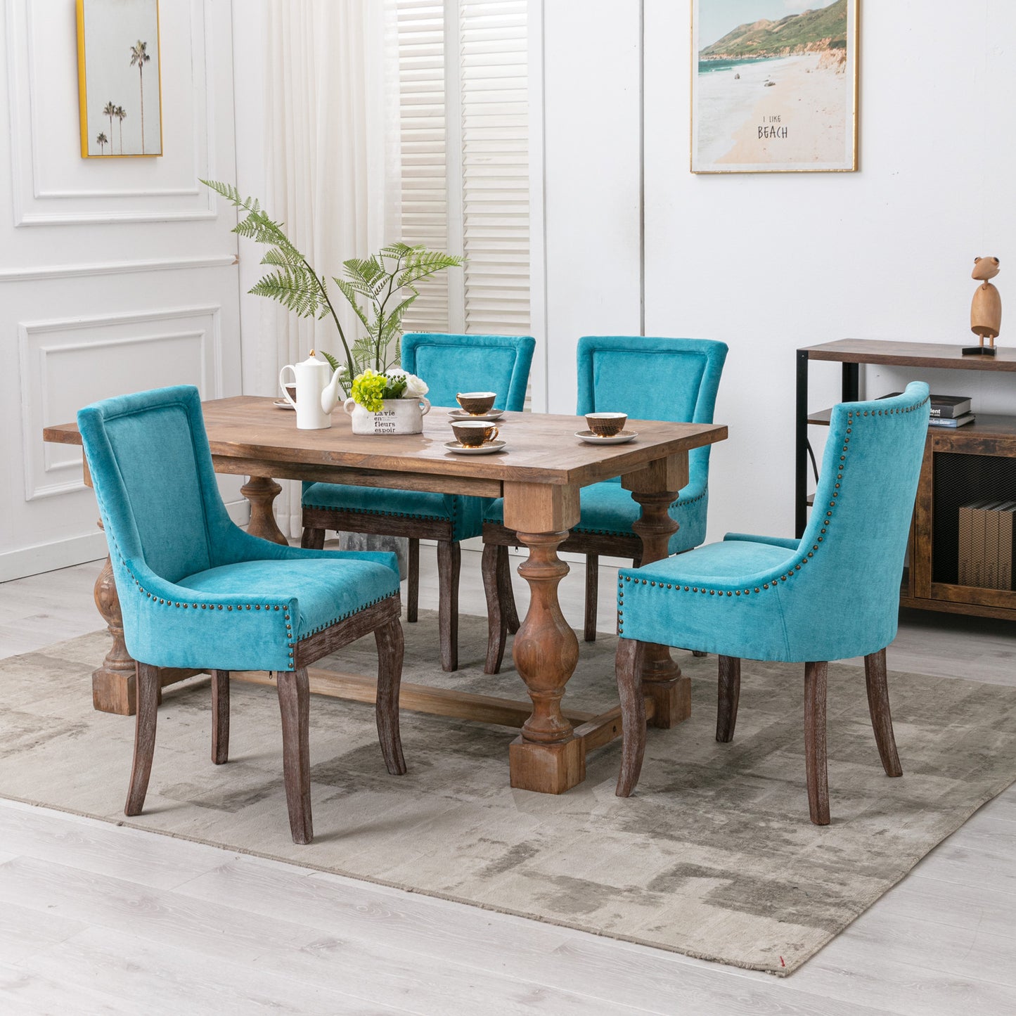 Ultra Side Dining Chair，Thickened fabric chairs with neutrally toned solid wood legs， Bronze nail head，Set of 2，Blue