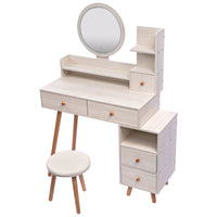 Stylish Vanity Table with Cushioned Stool Touch Control LED Mirror Large Storage Cabinet 5 Drawers Adjustable Length Makeup Furniture