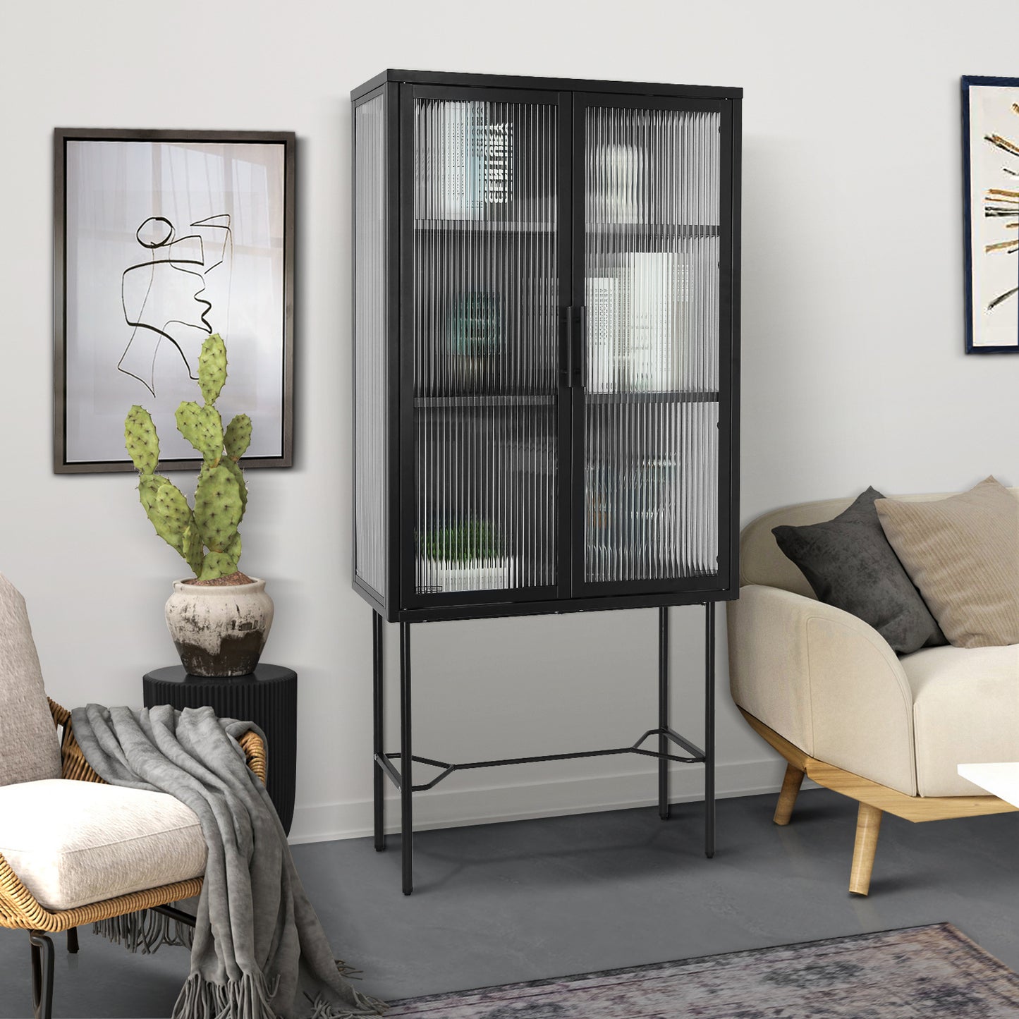 Elegant Floor Cabinet with 2 Tempered Glass Doors Adjustable Shelves Dust-Free Easy Assembly Black Living Room Display Storage