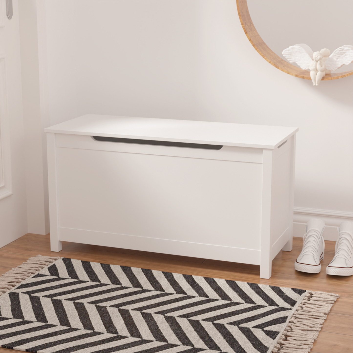 Kids Wooden Toy Box Storage with Safety Hinged Lid for Ages 2 and Up White