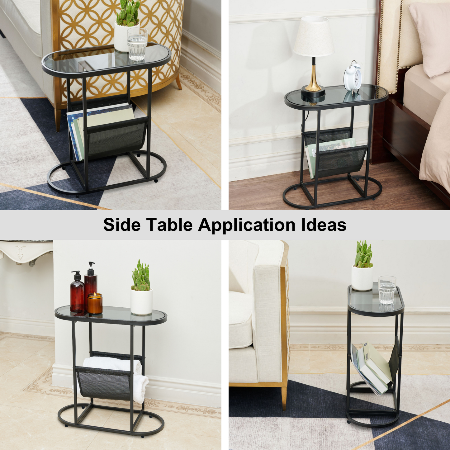 Glass Oval Small Side Tables for Living Room Set of 2 with Magazine Organizer and Storage Space Ideal for Small Spaces