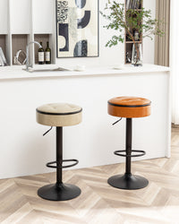 Adjustable Brown Faux Leather Bar Stool Set of 2 360° Swivel Armless Counter Height Chairs for Kitchen Dining Living Room