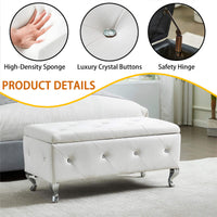 Upholstered Storage Ottoman Bench Faux Leather Rectangular Footrest with Crystal Buttons for Bedroom Living Room Entryway White