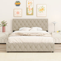 Queen Size Upholstered Platform Bed Frame with Storage Drawers Adjustable Linen Headboard Easy Assembly Light Beige