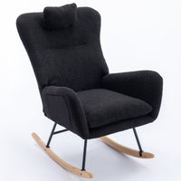 Black 35.5 Inch Soft Teddy Fabric Wingback Rocking Chair with Pocket Solid Wood Base for Nursery Living Room Bedroom