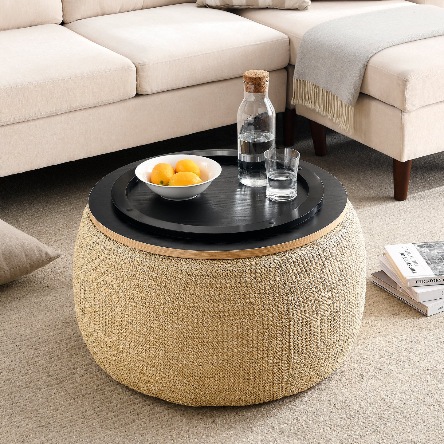 Round Storage Ottoman, 2 in 1 Function, Work as End table and Ottoman, Natural (25.5"x25.5"x14.5")