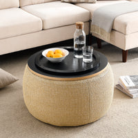 Round Storage Ottoman, 2 in 1 Function, Work as End table and Ottoman, Natural (25.5"x25.5"x14.5")