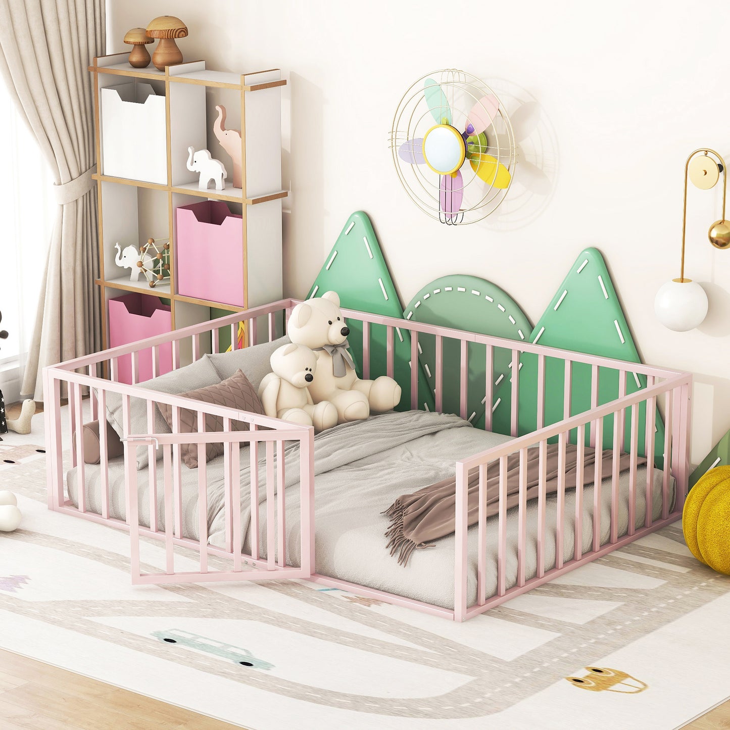 Full Size Metal Floor Bed Frame with Fence and Door, Pink