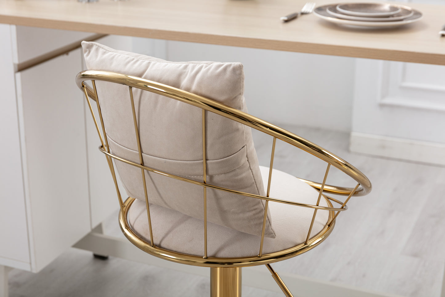 Velvet Bar Chair Set of 2 Pure Gold Plated Unique Design 360 Degree Rotation Adjustable Height for Dining Room and Bar