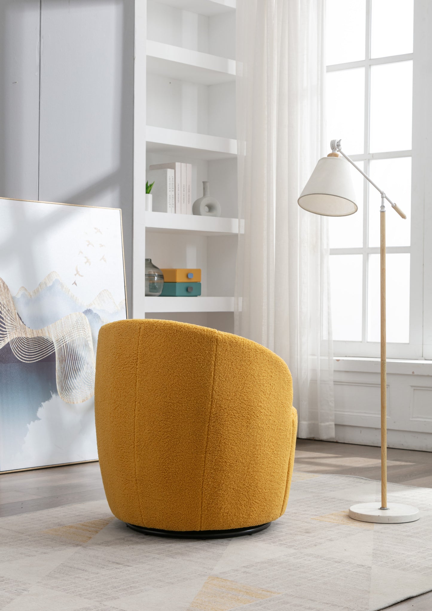 Teddy Fabric Swivel Accent Barrel Chair with Metal Ring Yellow Modern Design for Living Room