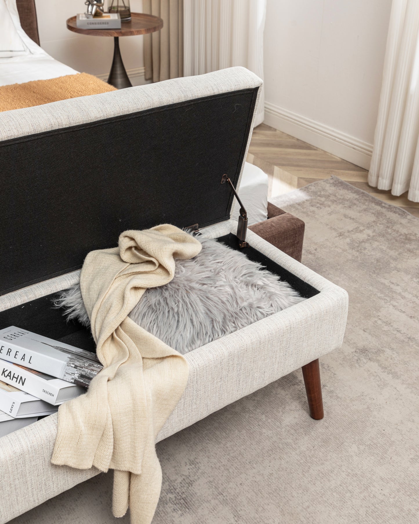 Off White Storage Bench for Bedroom or Entryway 43.7 Inch Ottoman Foot of Bed Seating Solution