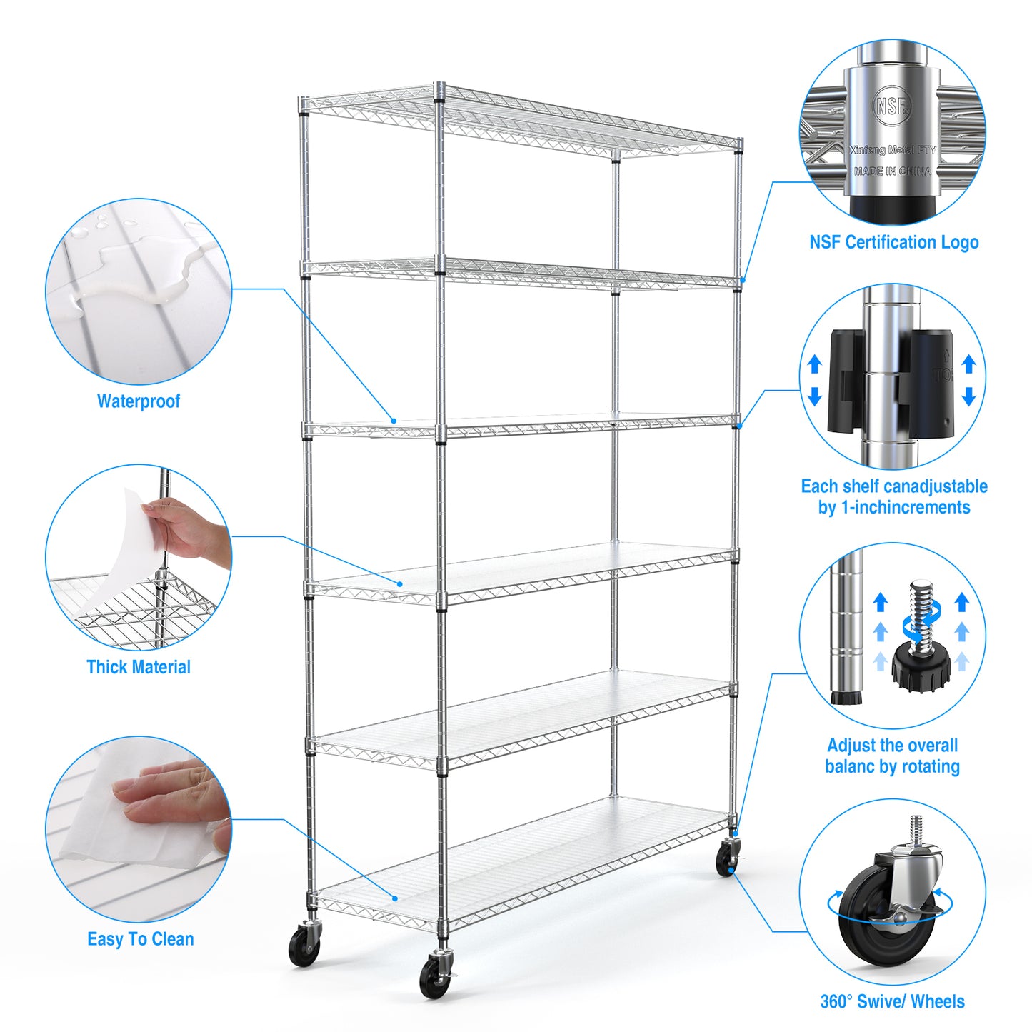 Heavy Duty 6 Tier Wire Shelving Unit 6000 LBS Capacity Adjustable Metal Garage Storage Shelves with Wheels Chrome Finish