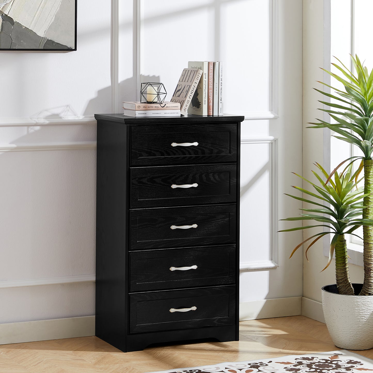 Modern 5 Tier Chest of Drawers with Metal Pulls for Bedroom Living Room Organizer Black 25.2L x 15.8W x 43.5H