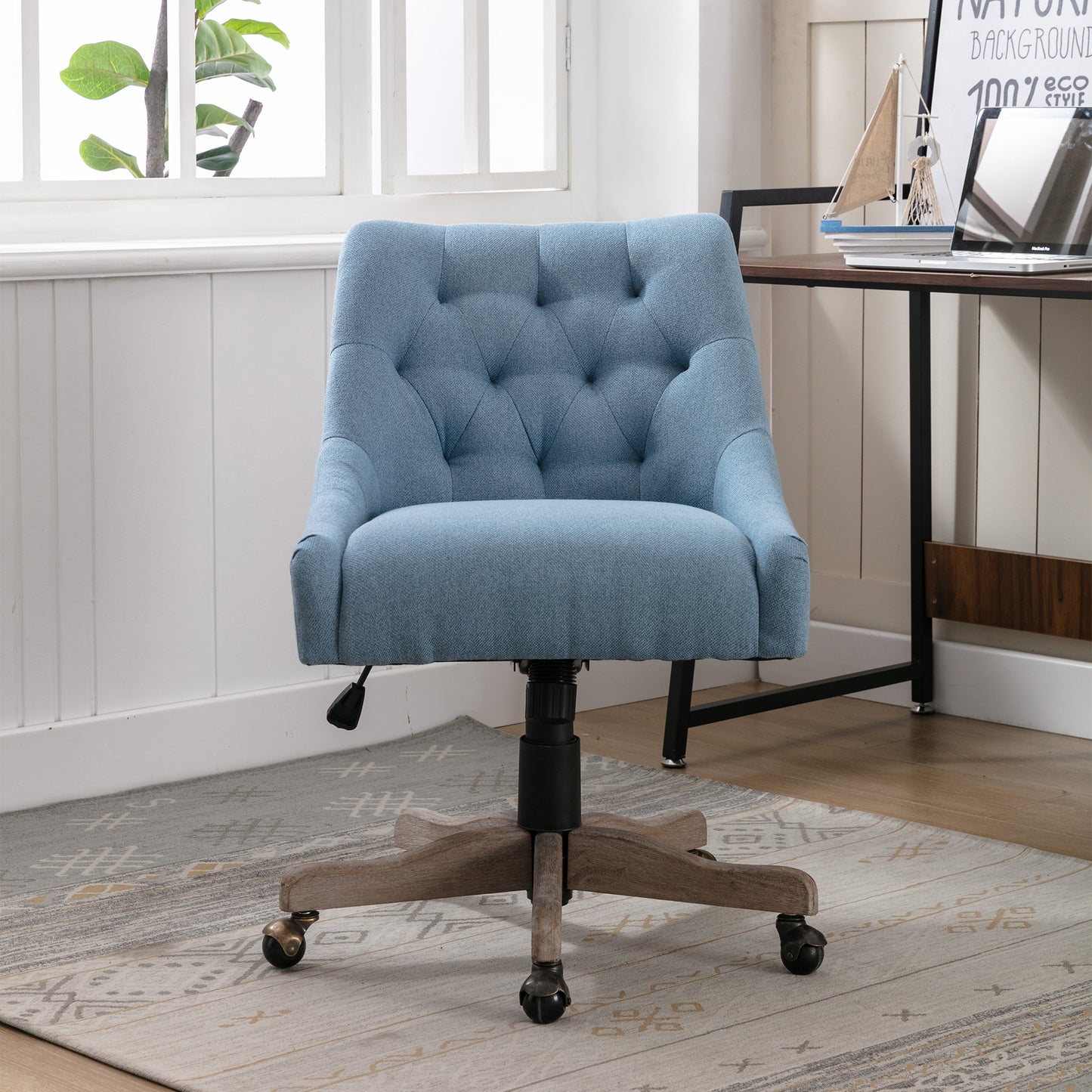 Adjustable Height Swivel Office Chair with Wheels Linen Fabric Upholstered Desk Chair Wooden Legs Navy