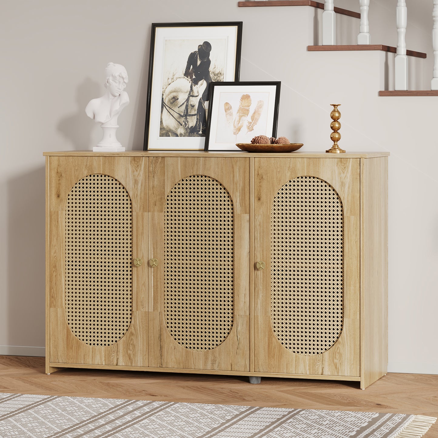 Retro 3-Door Accent Cabinet with Rattan Doors and Metal Handles Stylish Storage Solution for Living Room and Hallway Natural Wood Finish