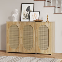 Retro 3-Door Accent Cabinet with Rattan Doors and Metal Handles Stylish Storage Solution for Living Room and Hallway Natural Wood Finish