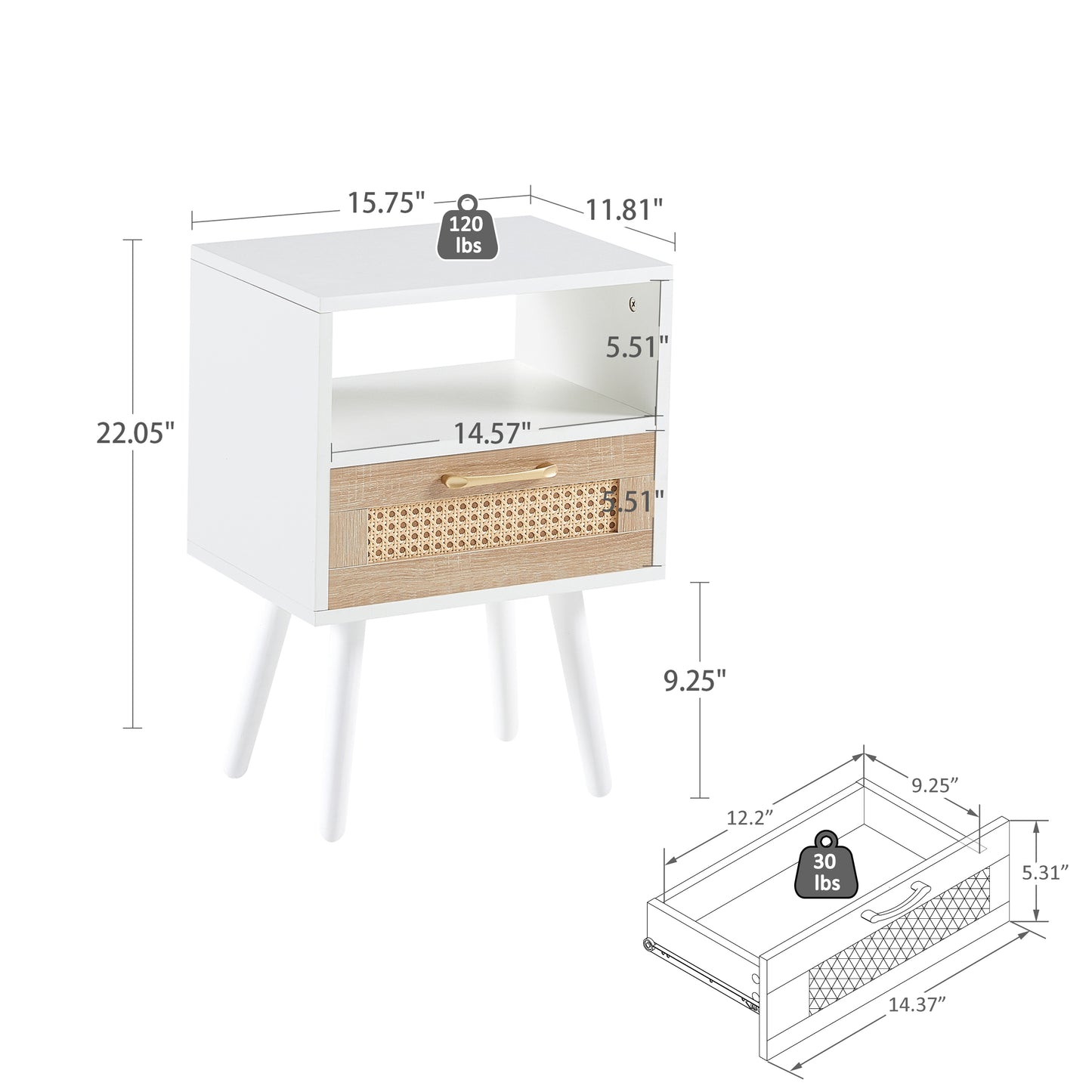 15.75 Inch Rattan End Table with Drawer Solid Wood Legs Modern Nightstand Side Table for Living Room Bedroom White