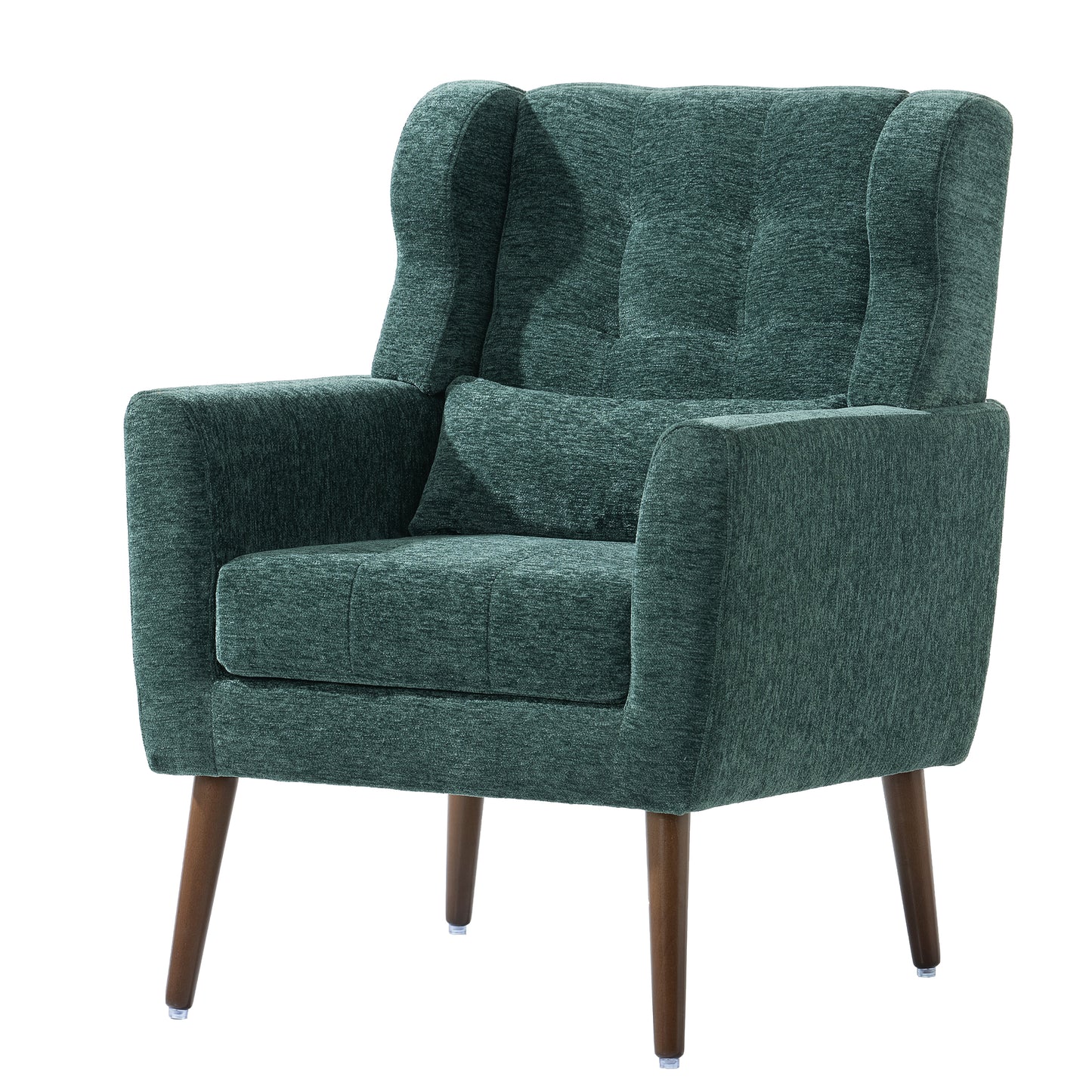 Chenille Modern Accent Chair with Pillow Soft Upholstered Armchair for Living Room Bedroom Solid Wood Legs Blackish Green